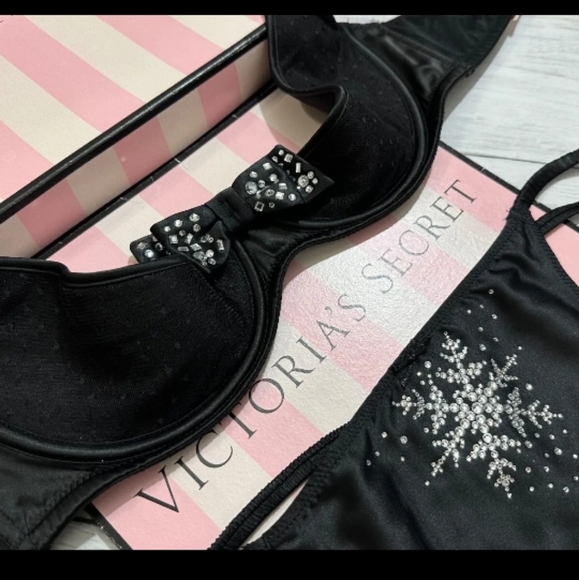 Victoria Secret-2pc Dream Angels Shine Bow Quarter-Cup Bra & Thong Set-34DD/XL - Picture 3 of 5